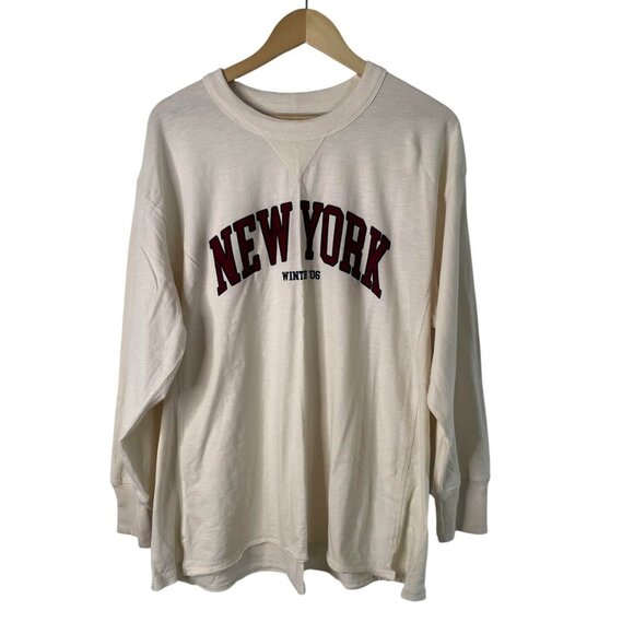 Aerie Shirt Womens Large Cream New York Graphic Long Sleeve Crewneck Tee NYC - Picture 1 of 8